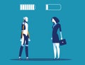 Technology vs human. Businesswoman with battery sign. Concept business vector illustration