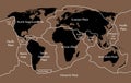 Tectonic plate earth map. Continental ocean pacific, volcano lithosphere geography plates