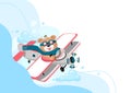 Teddy bear pilot flies on an airplane