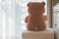 Teddy bear alone in the house with sun light and white curtain Royalty Free Stock Photo