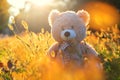 Teddy bear baby toy sitting in shining grass on the autumn park