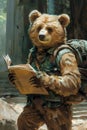 A teddy bear with backpack reading a book while sitting on the ground, AI Royalty Free Stock Photo