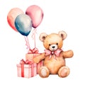 Teddy bear with balloons and gifts watercolor clipart isolated on transparent background