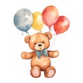 Teddy bear with balloons watercolor clipart isolated on transparent background