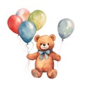 Teddy bear with balloons watercolor clipart isolated on transparent background