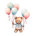 Teddy bear with balloons watercolor clipart isolated on transparent background