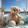 AI generative Teddy bear in a bathtub on a background of the sea