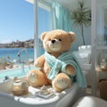 AI generative Teddy bear in bathtub on blurred background. Hygiene concept