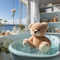 AI generative Teddy bear in bathtub with soap suds and sea view