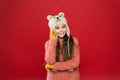 Teddy bear. Being cute bear. Winter outfit. Little kid wear knitted hat. Stay warm. Little girl winter fashion accessory