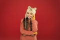 Teddy bear. Being cute bear. Winter outfit. Little kid wear knitted hat. Stay warm. Little girl winter fashion accessory