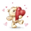 Teddy bear with big red heart.Valentines greeting card. Love design.