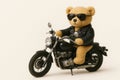 Teddy bear biker in leather jacket on motorcycle. Space for text. Royalty Free Stock Photo