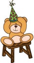 Teddy bear with birthday hat sitting on wooden stool Royalty Free Stock Photo