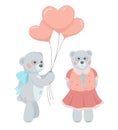 A teddy bear with a blue bow on its neck holds heart-shaped balloons. A teddy bear in a red dress. Vector illustration Royalty Free Stock Photo