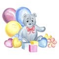 Teddy bear in blue bow with a multi-colored cubes, toys flowers, hearts and colorful balloons Watercolor hand drawn