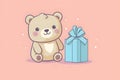 Teddy bear and blue gift box on pink background. Greeting card for birthday. Royalty Free Stock Photo