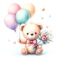 Teddy bear with a bouquet of flowers and balloons on a white background. Royalty Free Stock Photo