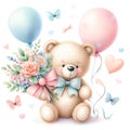 Teddy bear with a bouquet of flowers and balloons on a white background. Royalty Free Stock Photo