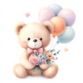 Teddy bear with a bouquet of flowers and balloons on a white background. Royalty Free Stock Photo