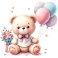 Teddy bear with a bouquet of flowers and balloons on a white background. Royalty Free Stock Photo