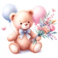 Teddy bear with a bouquet of flowers and balloons on a white background. Royalty Free Stock Photo