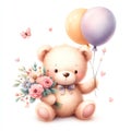 Teddy bear with a bouquet of flowers and balloons on a white background. Royalty Free Stock Photo