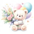 Teddy bear with a bouquet of flowers and balloons on a white background. Royalty Free Stock Photo