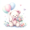 Teddy bear with a bouquet of flowers and balloons on a white background. Royalty Free Stock Photo