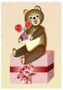 Teddy bear with bouquet of roses sitting on a gift box. Cute birthday card for child. Royalty Free Stock Photo