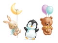 Teddy bear with bow and balloons. Baby penguin with blue bow and funny bunny on moon. Hand darwn illustrations