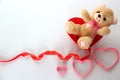 Teddy bear, box of chocolates and pink hearts with ribbon on white background, Valentine`s Day gifts, advertising banner Royalty Free Stock Photo