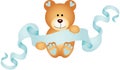 Teddy bear boy holding a blue ribbon banner