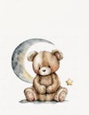 Teddy Bear Bunny Sitting On Moon white background handrawn graphic clipart, watercolor, cute Children's Drawing