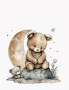 Teddy Bear Bunny Sitting On Moon white background handrawn graphic clipart, watercolor, cute Children's Drawing