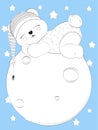 Teddy bear in cap on moon coloring book Royalty Free Stock Photo