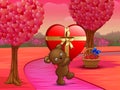 Teddy bear carrying big gift of red heart in pink field Royalty Free Stock Photo