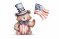 Teddy bear celebrates 4th of July Independence Day holding an American flag and wearing Uncle Sam hat