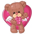 Teddy bear. Children character. Gift card. Happy birthday or valentine`s day greeting card.