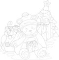 Cartoon cute teddy bear in scarf and hat with toys and Christmas tree sketch template