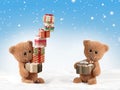 Teddy bear with christmas presents and snow. Christmas gifts and cute teddy bear 3d-illustration Royalty Free Stock Photo