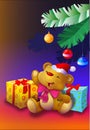Teddy bear by the Christmas Tree with presents