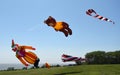 Teddy Bear and Clown Kites airborne blue sky grass and the sea in background