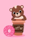 Teddy bear with coffee and donuts.