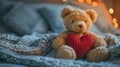 Teddy bear, cuddly toy with red knitted heart on bed in children\'s room, generative ai