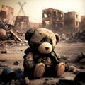 Teddy bear in a destroyed house after a bomb, AI generation