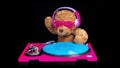 Teddy bear djing on turntables with headphones