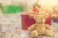 Teddy bear doll with gift box cute vintage tone, lovely Christmas present with space for text