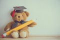 Teddy bear doll with graduation hat and pencil on white wall background back to school concept - Retro tone Royalty Free Stock Photo