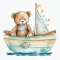 Teddy bear drawing floating on a ship watercolor Generative AI
